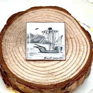 Enamel Brooch – Ship Scene, Signed Bérubé Garant
